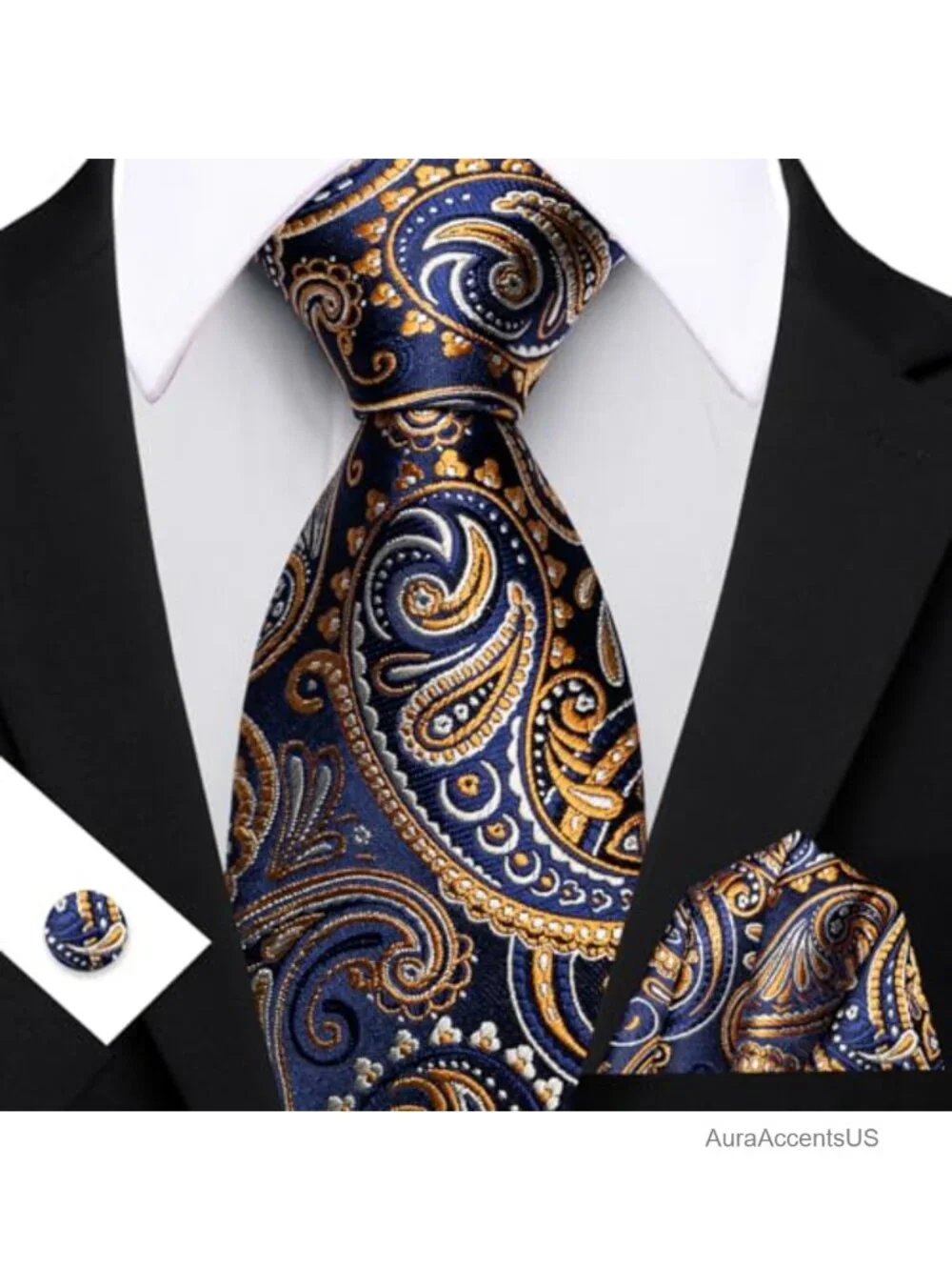 Mens Paisley Tie Set with Pocket Square Cufflinks Clip 1800 Stitches Silk Blend